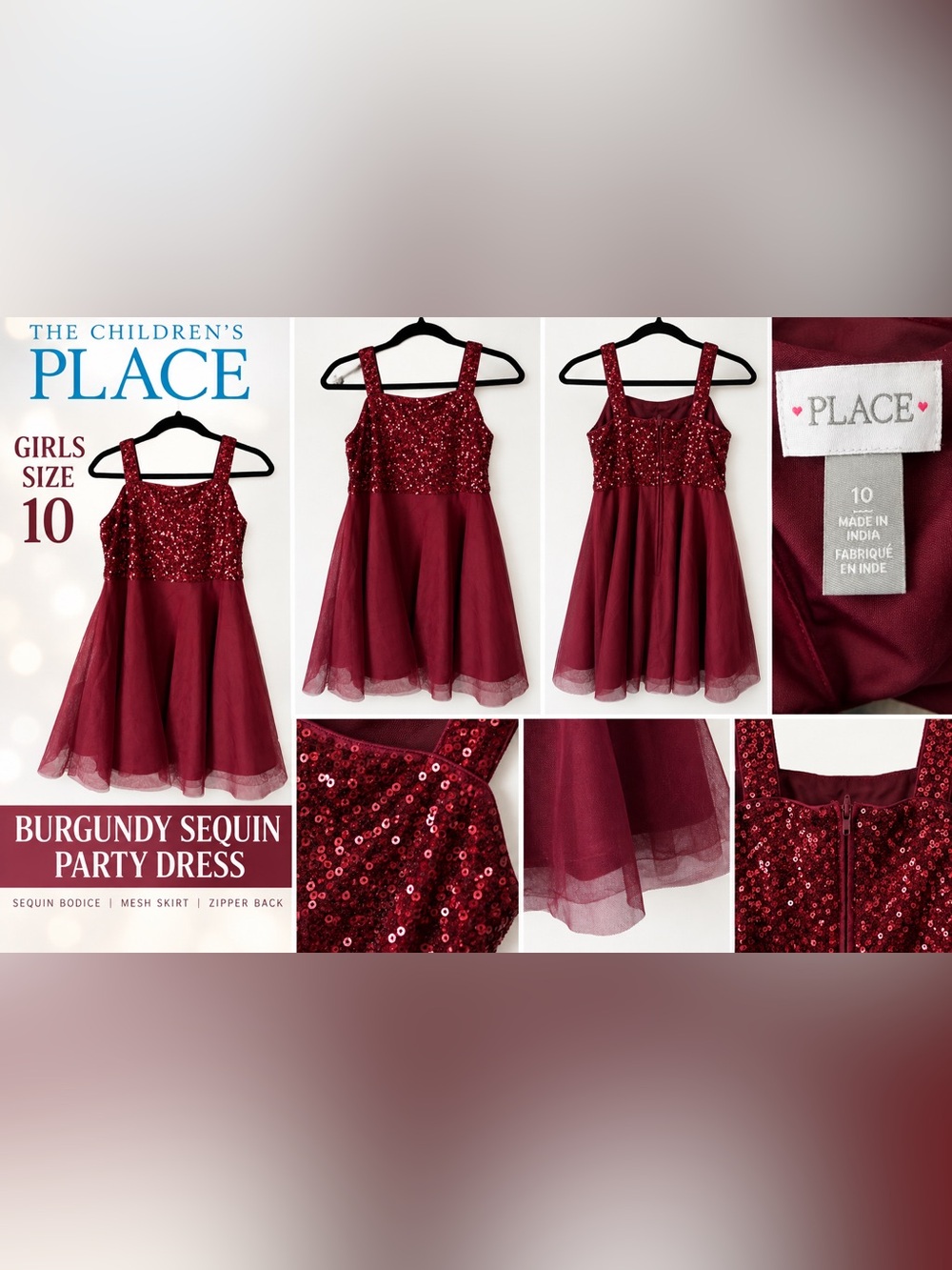 The Children’s Place Burgundy Sequin Tulle Party Dress Girls 10